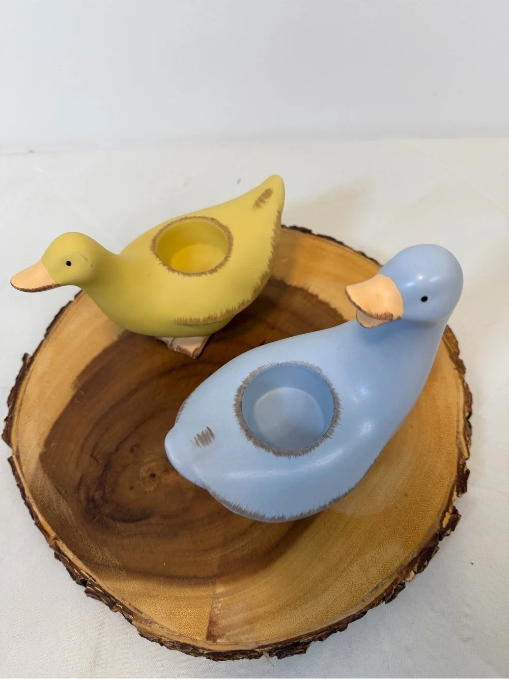 Party Lite Pair Ceramic Duck Tea light Candle Holders‎ Pastel Yellow and Blue